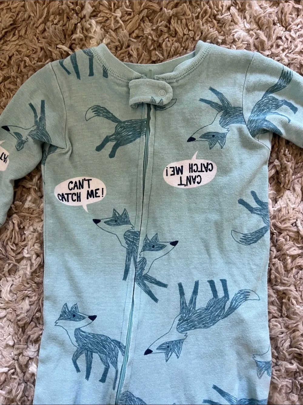 Mint Fox Print Footed One-Piece Pajamas for Kids